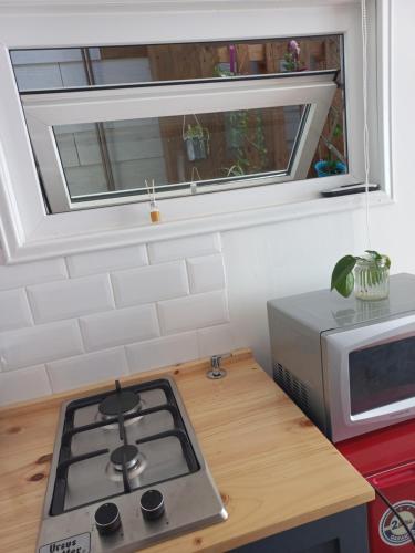 a kitchen with a stove and a microwave and a window at Mini Casa Rocura Valdivia in Valdivia