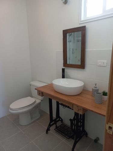 a bathroom with a sink and a toilet and a mirror at Mini Casa Rocura Valdivia in Valdivia