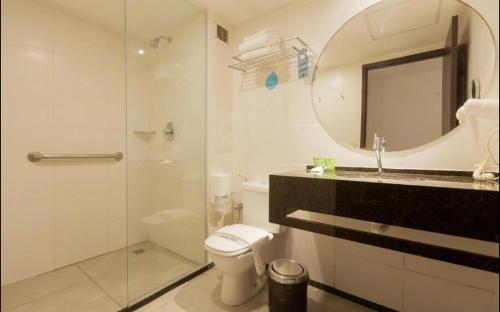 a bathroom with a shower and a toilet and a mirror at Flat novo à Beira-mar in Maceió