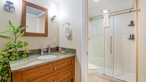a bathroom with a sink and a shower at Glunz Ocean Beach Hotel and Resort in Marathon