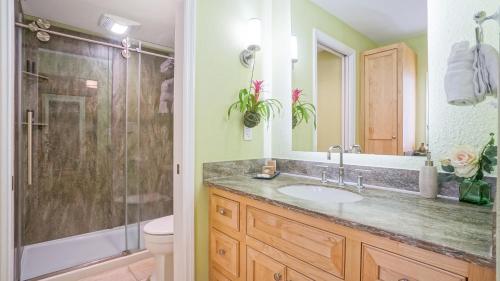 a bathroom with a sink and a shower at Glunz Ocean Beach Hotel and Resort in Marathon