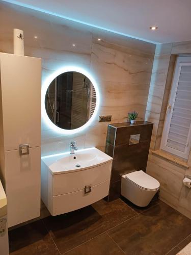 a bathroom with a sink and a toilet and a mirror at Pokoje u Honoraty in Ustrzyki Dolne