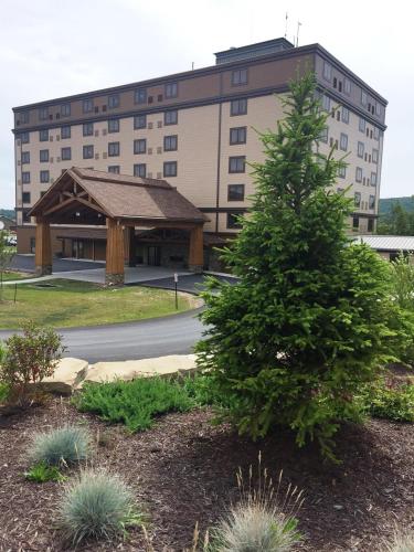 a building with a christmas tree in front of it at The Lodge at Wisp in McHenry