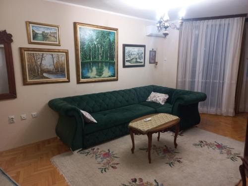 a living room with a green couch and a table at Apartman Mihajlovic in Bijeljina