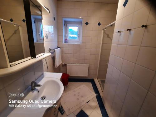 ein Badezimmer mit Waschbecken und Dusche in der Unterkunft Landhaus Just in Maria Elend