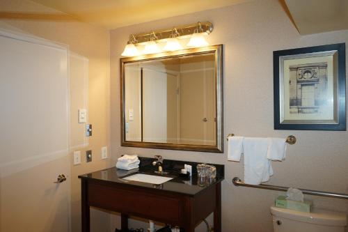 a bathroom with a sink and a mirror and a toilet at Wingate by Wyndham Bellingham Heritage Inn in Bellingham