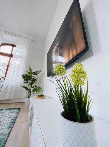 a living room with a tv on a wall with plants at YourFavoriteBed Designerapartments Zwickau Zentrum in Zwickau