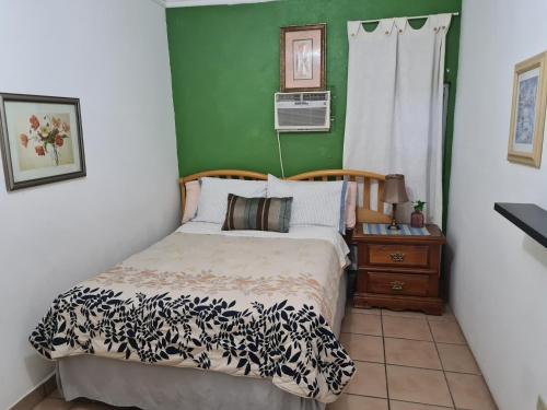 プエルト・ペニャスコにあるLUNA APARTMENTの緑の壁、ベッド付きのベッドルーム1室