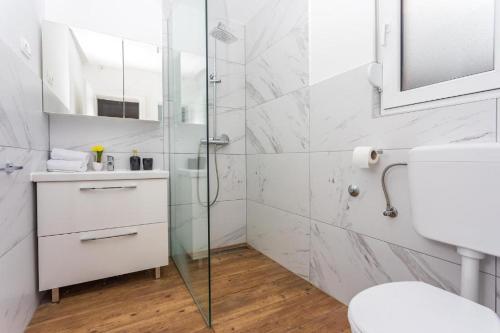 a bathroom with a shower and a toilet and a sink at Villa Marietta Equino in Donje Sitno