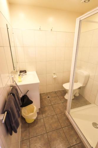 a bathroom with a sink and a toilet and a mirror at Sundowner Motel in Greymouth