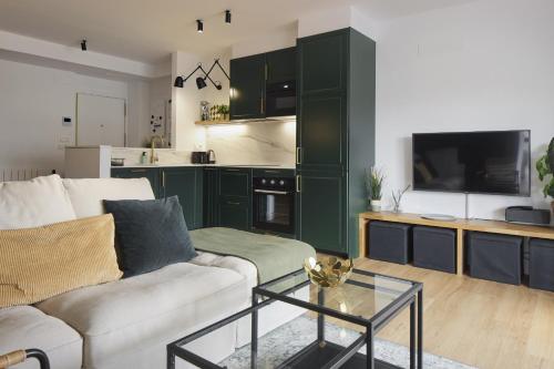 a living room with a couch and a table and a tv at Enjoy - Basque Stay in San Sebastián