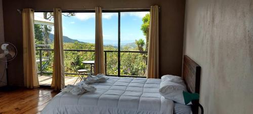 een slaapkamer met een bed en een groot raam bij Rancho Huacatay in Monteverde Costa Rica