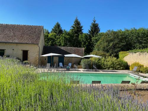 - une piscine en face d'une maison avec des parasols dans l'établissement 24H LE MANS Château de Lauresse chambres d'hôtes Luxe, au Mans