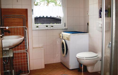 ein Bad mit einem WC und einem Waschbecken in der Unterkunft Ferienhaus Seeblick H in Herzsprung