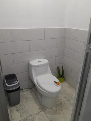 a bathroom with a toilet and a trash can at Casa vista de luna in Guaria