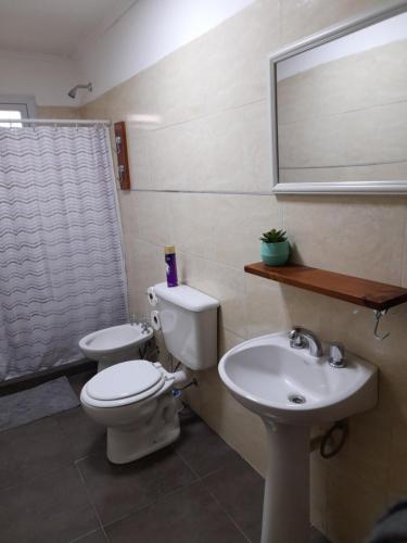 a bathroom with a toilet and a sink and a mirror at Departamento full con estacionamiento privado in Río Gallegos