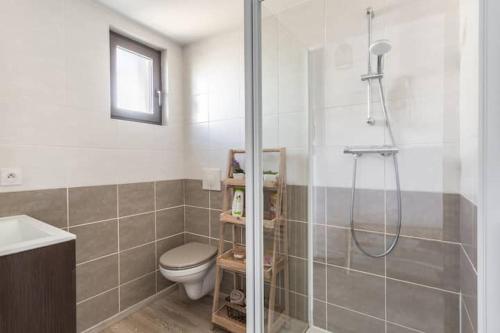 La salle de bains est pourvue d'une douche, de toilettes et d'un lavabo. dans l'établissement Studio Nuitée en Provence 2, à Aix-en-Provence