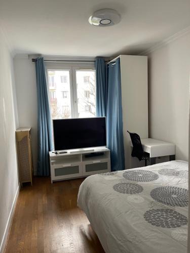 コロンブにあるPetit Nid Douillet chez l'Habitantのベッドルーム(ベッド1台、薄型テレビ付)