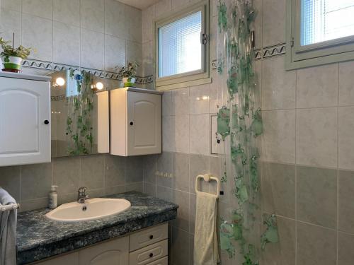 baño con lavabo y cortina de ducha en Gîte Avermes, 3 pièces, 4 personnes - FR-1-489-428 en Avermes