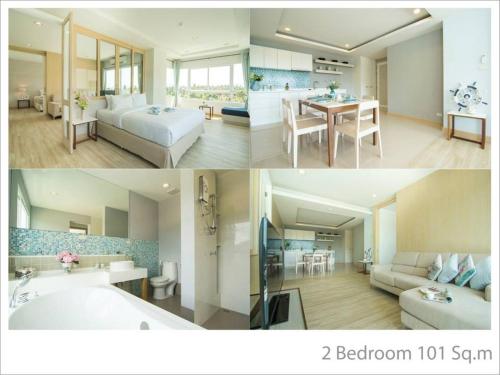 duas fotografias de um quarto e uma sala de estar em The Sea Condominium em Sam Roi Yot