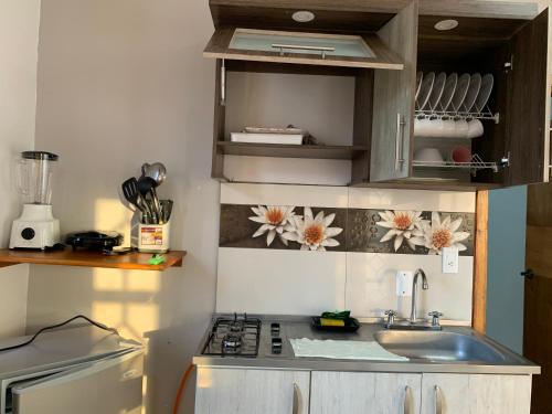 uma pequena cozinha com um lavatório e um fogão em Janeth’s Place Apartamento em San Andrés