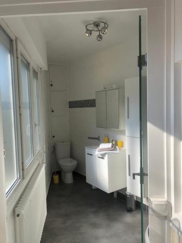 une salle de bain blanche avec des toilettes et un lavabo dans l'établissement J'offre - Proche de l'hyper centre, à Bourges