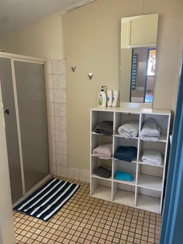 a bathroom with a shower with towels on shelves at Central on Shenton in Geraldton