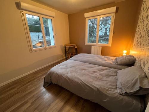 een slaapkamer met een groot bed en 2 ramen bij Léman Panoramique avec terrasse à deux pas du centre-ville in Évian-les-Bains