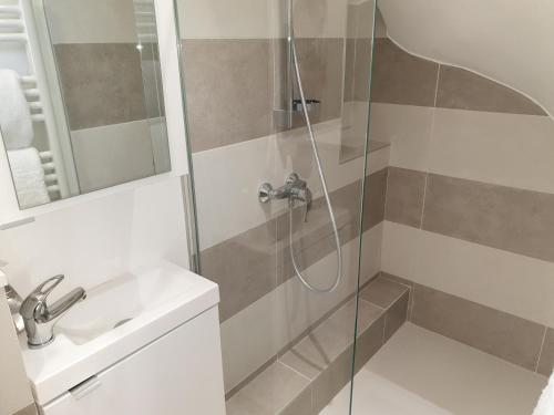 une salle de bain avec douche et lavabo dans l'établissement STUDIO NEUF ET CHARMANT VIEIL ANTIBES, à Antibes