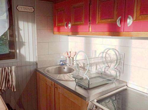 a kitchen sink with a dish drying rack next to it at Appartement idéal pour une famille. in Praz-sur-Arly