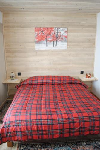 1 dormitorio con 1 cama grande con manta a cuadros en Casa Vacanza San Martino, en Fondo