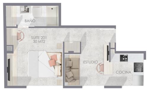 planta de un dormitorio y sala de estar en Reset Hotel & Café (Apartamento 201), en Cali