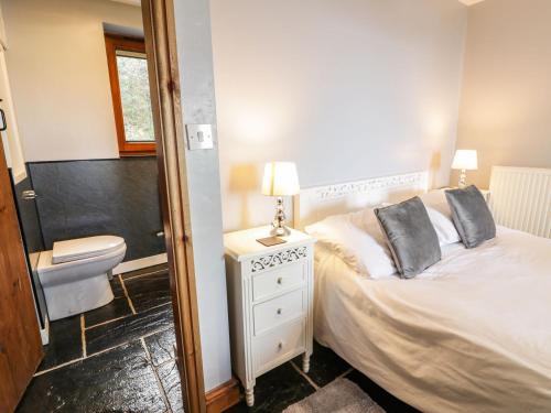 a bedroom with a bed and a sink and a mirror at Ceilwart Cottage in Barmouth