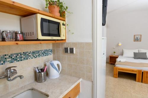 a kitchen with a sink and a microwave at Jordan Valley Birding Lodge in Kefar Ruppin