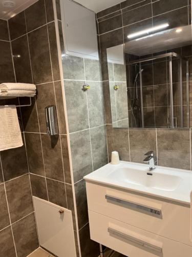 a bathroom with a sink and a shower at Attrap'Rêves in Aspres-sur-Buëch