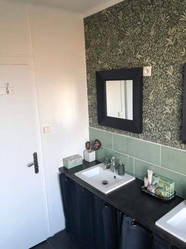 a bathroom with a sink and a mirror at Maison du 7 in Saint-Ouen-en-Belin