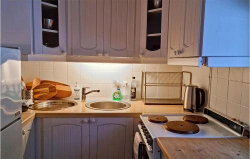 a kitchen with blue cabinets and a stove top oven at Pet Friendly Home In Evje With Wifi in Evje