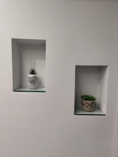 dos macetas de plantas en estanterías en una pared en Chalkida Hilltop Apartments, en Chalkida