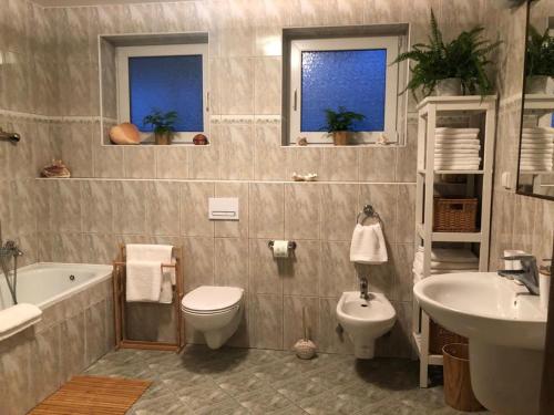 a bathroom with a sink and a toilet and a tub at Dom Natura in Grzybowo