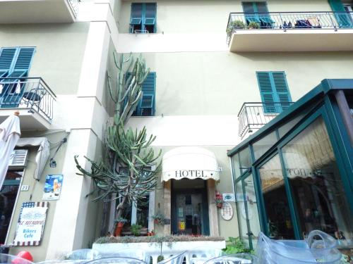 a building with a plant in front of a store at Albergo Torino in Albenga