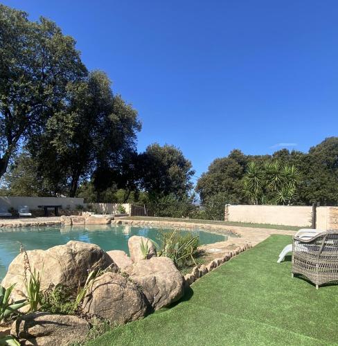 - une piscine avec des rochers dans une cour dans l'établissement Maison Le Prunier avec piscine - Domaine E Case Di Cuttoli, à Cuttoli-Corticchiato