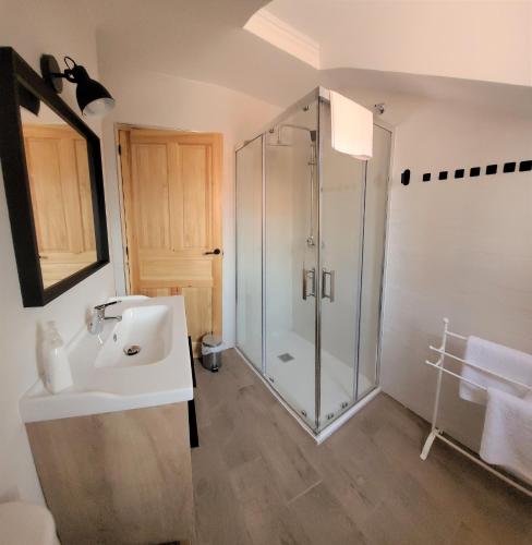 a bathroom with a shower and a sink at Casa del Castillo by Naturadrada in La Adrada