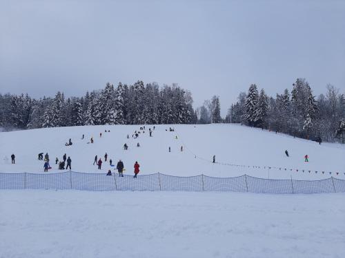a group of people skiing down a snow covered slope at Apartament u Ewki in Rdzawka
