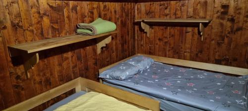 a room with two bunk beds in a cabin at Koča Pastirica - Velika planina in Stahovica