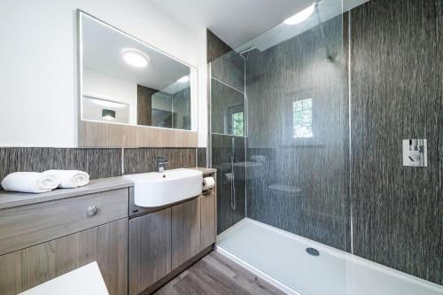 a bathroom with a shower and a sink and a mirror at South Esk Apartment 5 in Montrose