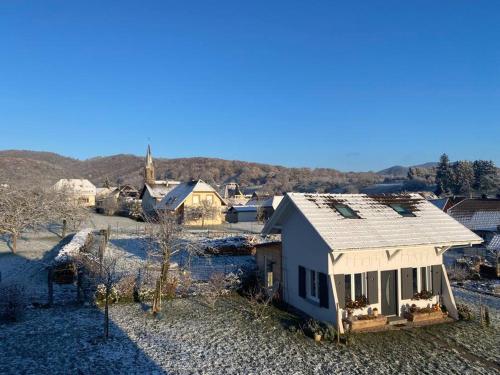 an aerial view of a small house in a town at Gîte le Charmot, au pied des montagnes classé 3* in Roderen