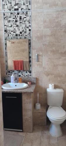 a bathroom with a toilet and a sink with a mirror at Durban Shores Holiday Apartments in Durban