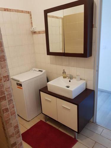 une petite salle de bain avec un lavabo et un miroir dans l'établissement OVU Piscine chauffée Entre mer et montagne à 1 km de la mer, à Solaro