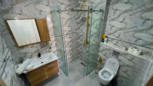 een badkamer met een douche, een toilet en een wastafel bij Appartement vue sur piscine et sur mer in Taghazout