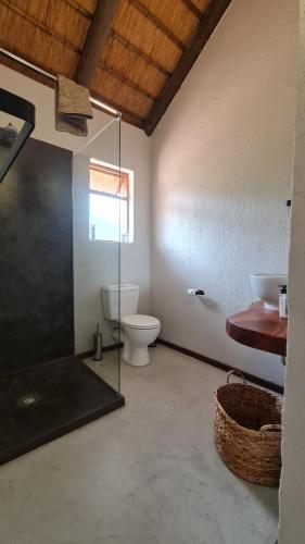 a bathroom with a toilet and a glass shower at Hoedspruit Bush Stay in Hoedspruit
